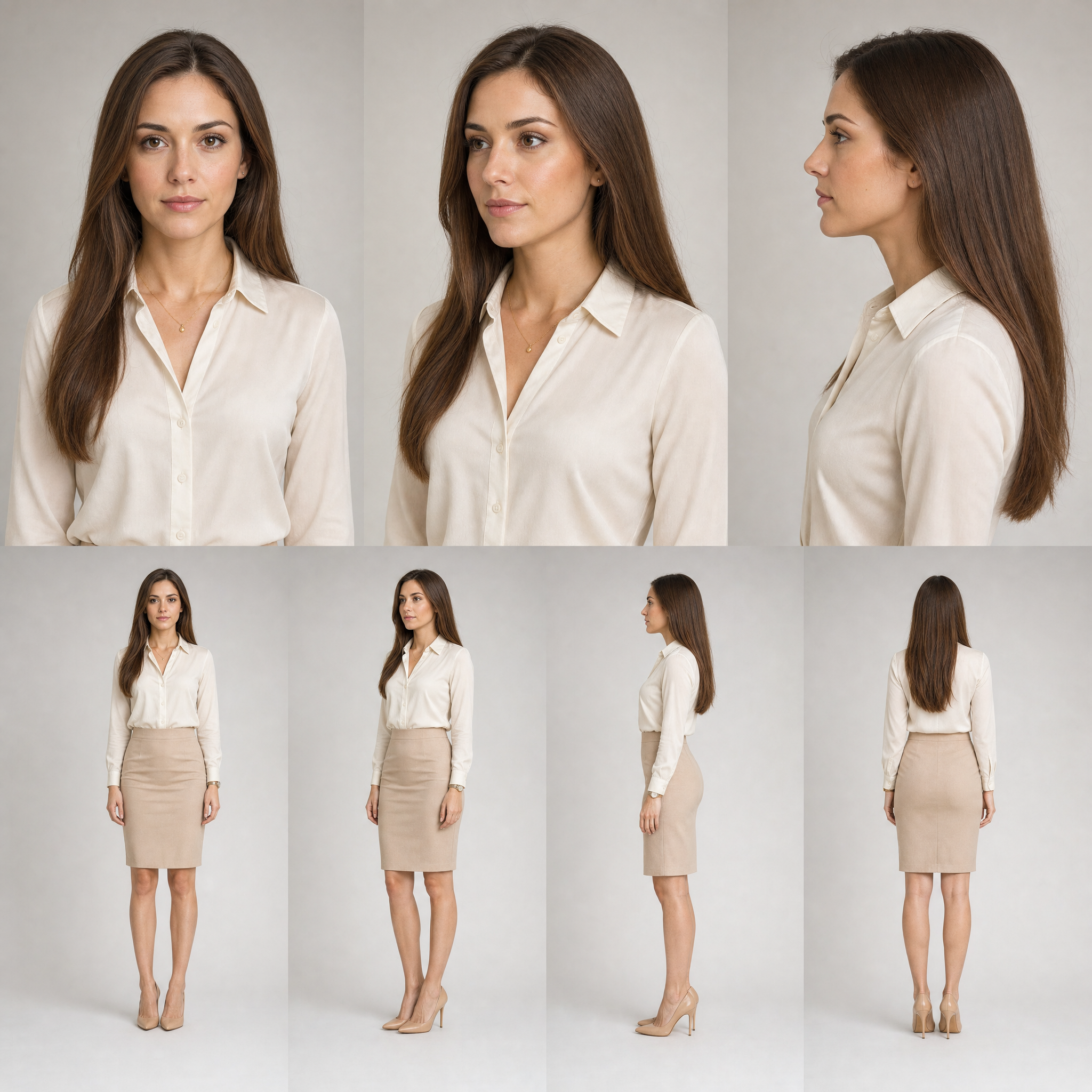 Character sheet for the office lady: front, three-quarter, profile and full-body views