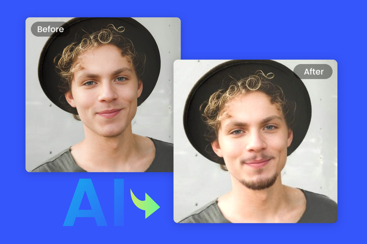 Before and after AI beard without mustache transformation
