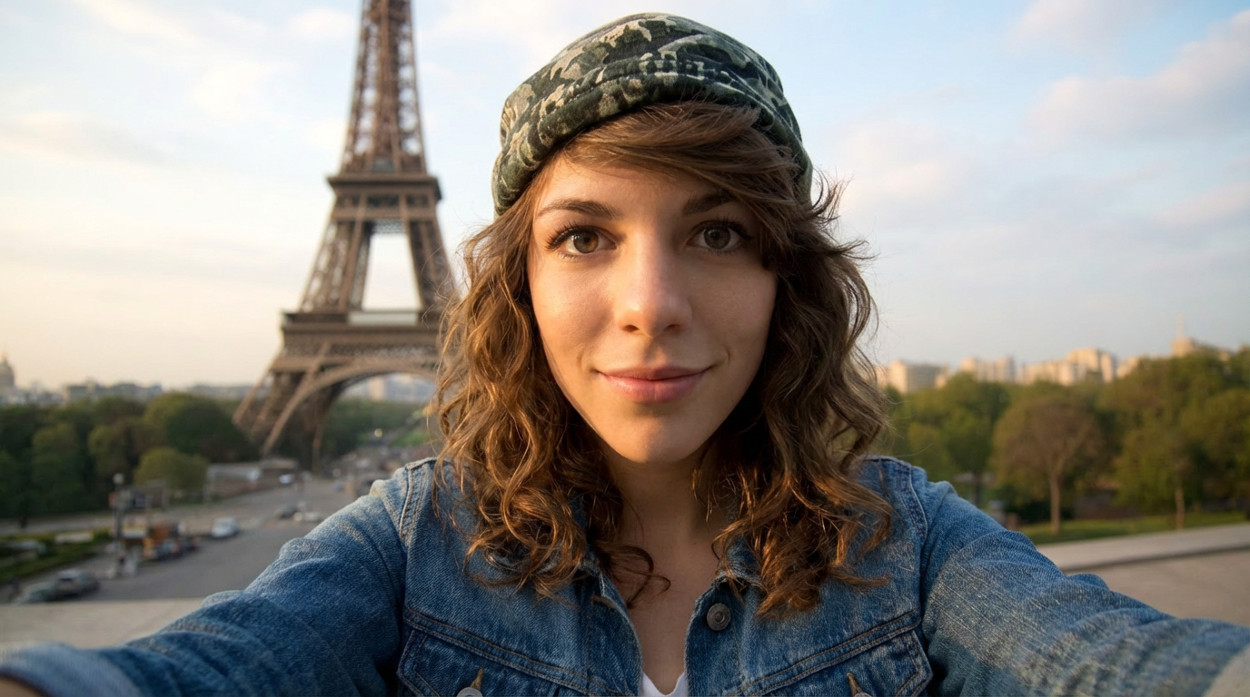 AI virtual check-in photo example at Eiffel Tower realistic virtual landmark selfie