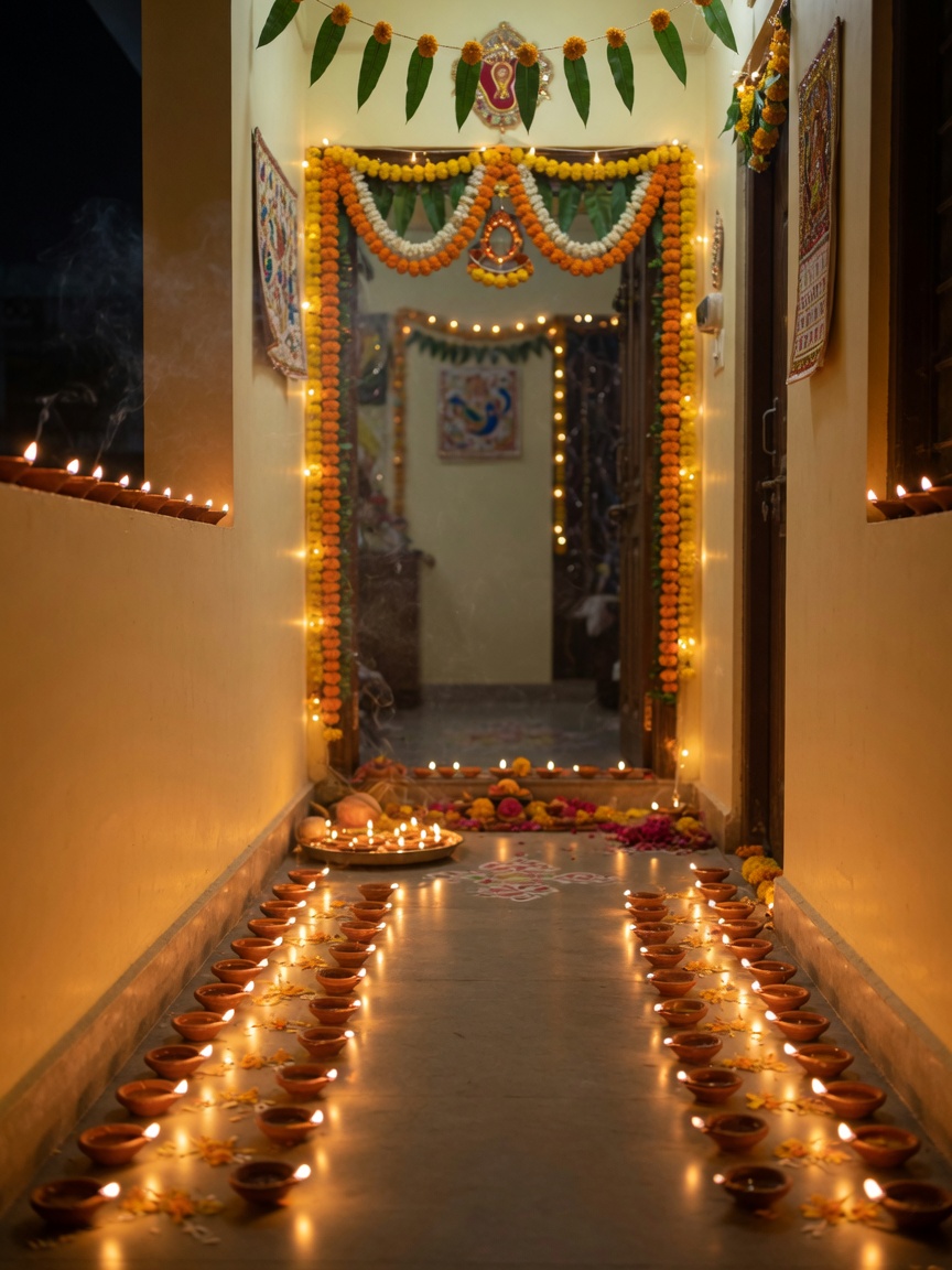 Dhanteras AI example: Diya Corridor Night