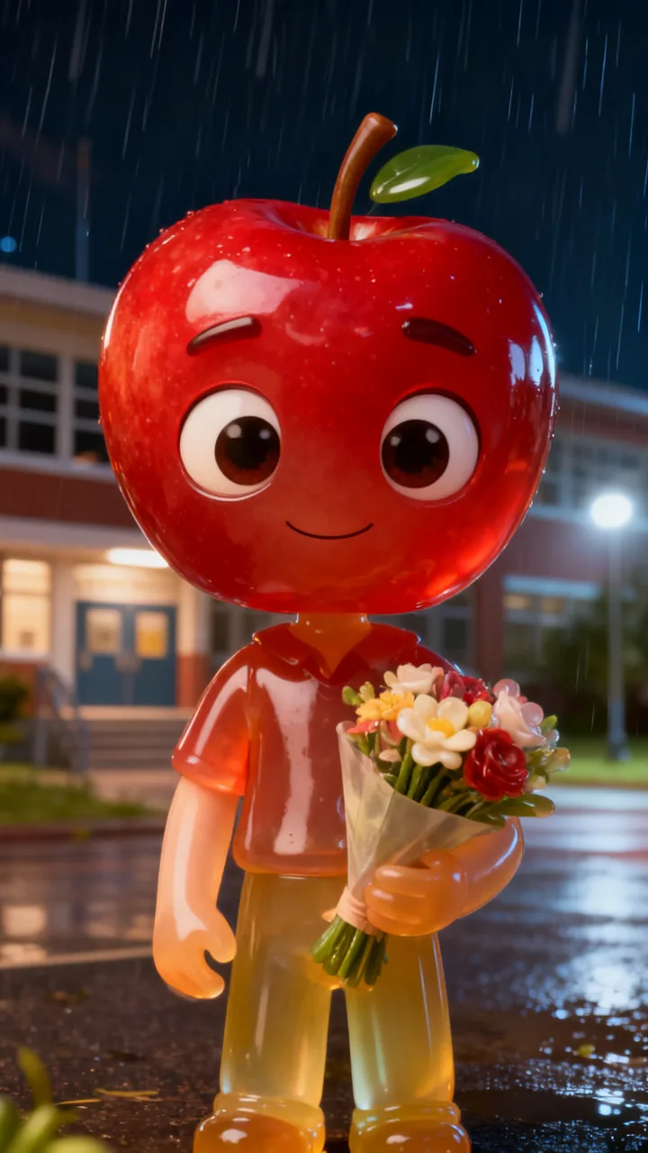 AI fruit drama example: apple in the rain — flowers, a phone and no one coming