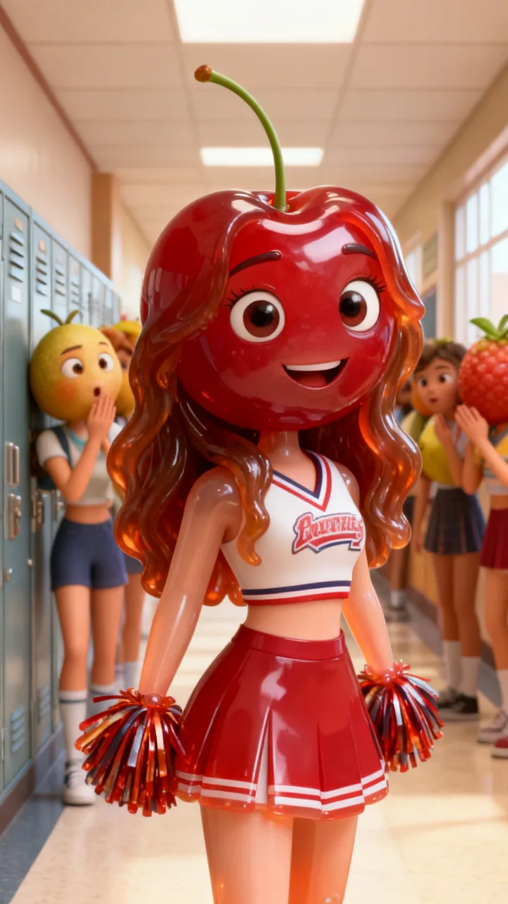 The same selfie as an AI fruit drama cherry girl whispered about in the school hallway