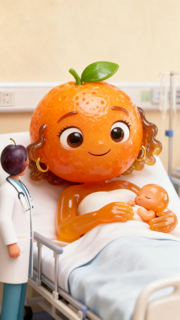 AI fruit drama example: orange mom — a newborn orange baby and a plum doctor