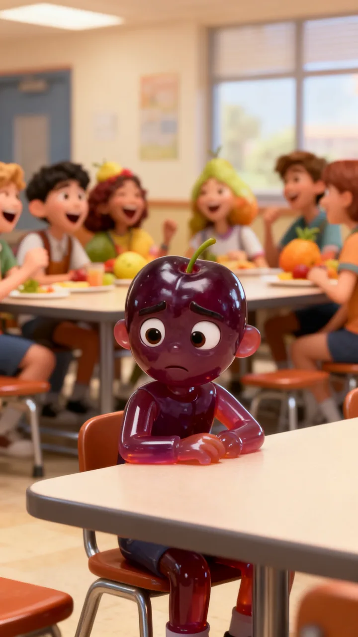 AI fruit drama example: lonely plum — the popular fruits laugh in the cafeteria
