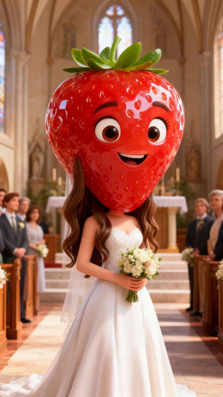 The same selfie as an AI fruit drama strawberry bride at the altar